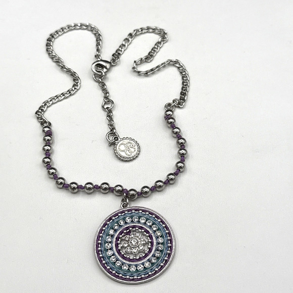 Jessica Simpson Necklace 19 in Pave Crystal Medallion Purple Blue Silver Tone - Picture 4 of 5